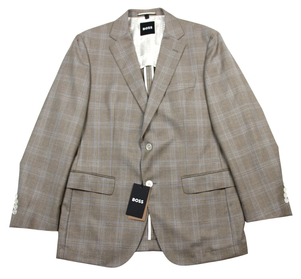Hugo Boss H-Hutson-233 Blazer Mens 4 R Sand Blue Plaid Wool Slim Fit Sport Coat - Picture 1 of 11